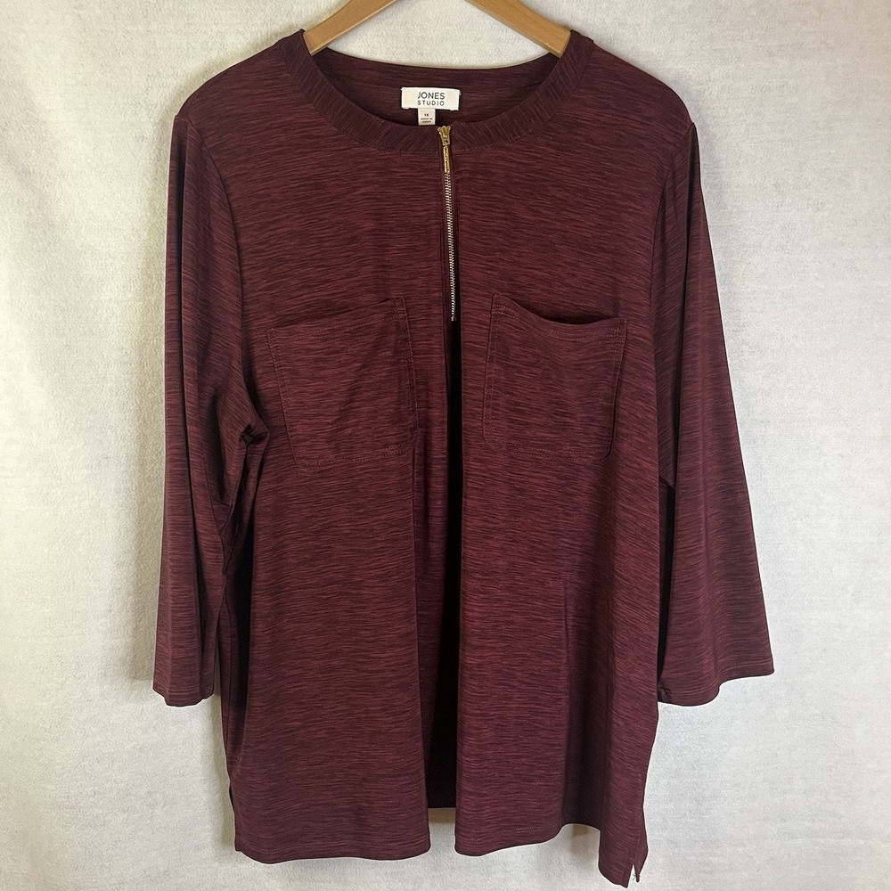 Jones Studio Top Pullover‎ 1X NWOT Heathered Maroon 3/4 Sleeve Wine Zip Pockets